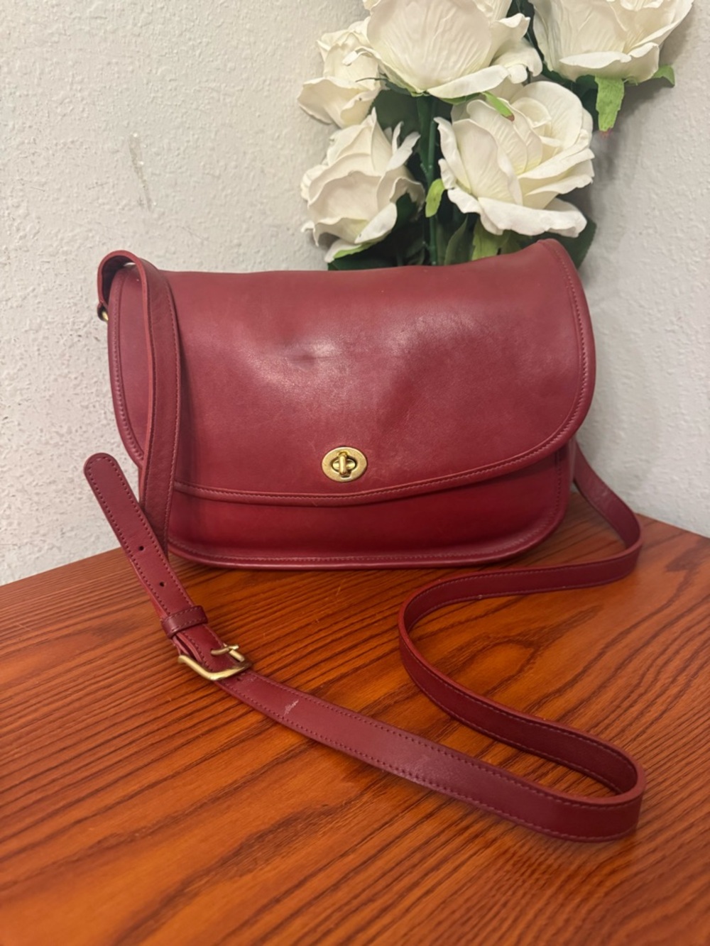 Vintage Coach Burgundy Leather Crossbody Saddle Bag with Turnlock